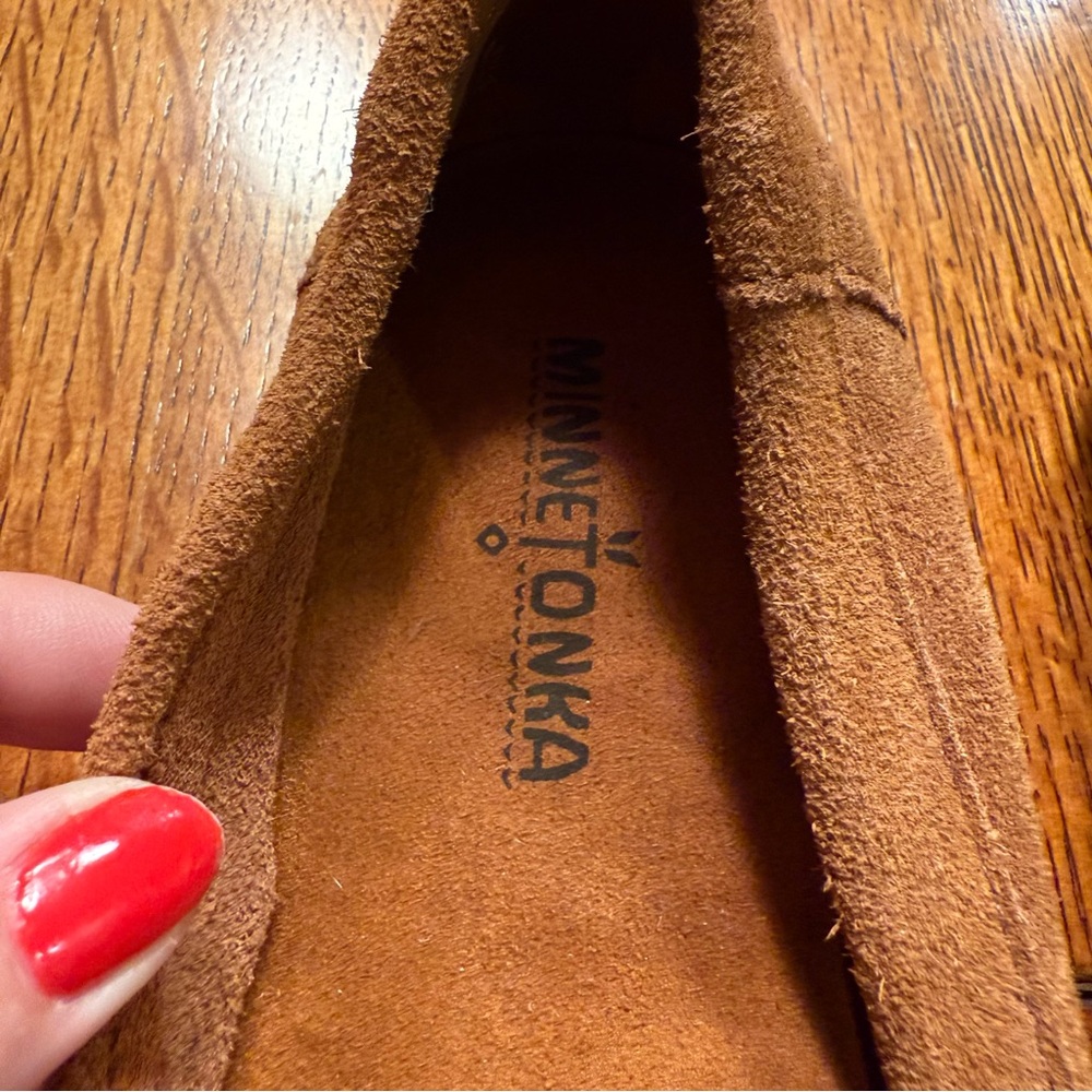 Minnetonka Brown Suede and Leather Moccasins, Fringe and Beads - Picture 2 of 4